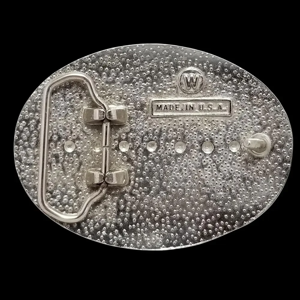 Vintage Belt Buckle Western Filigree Shiny Chrome Silver And Black‎ Color USA W